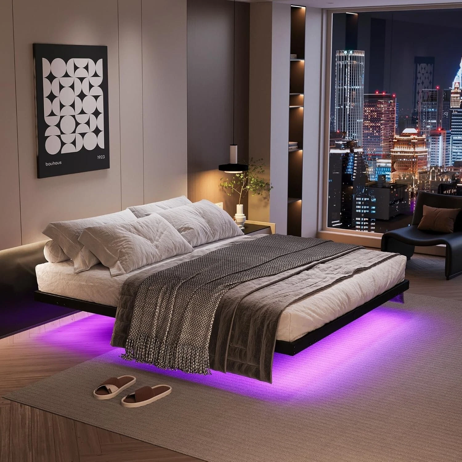 Floating Bed Frame Full Size with LED Lights and C